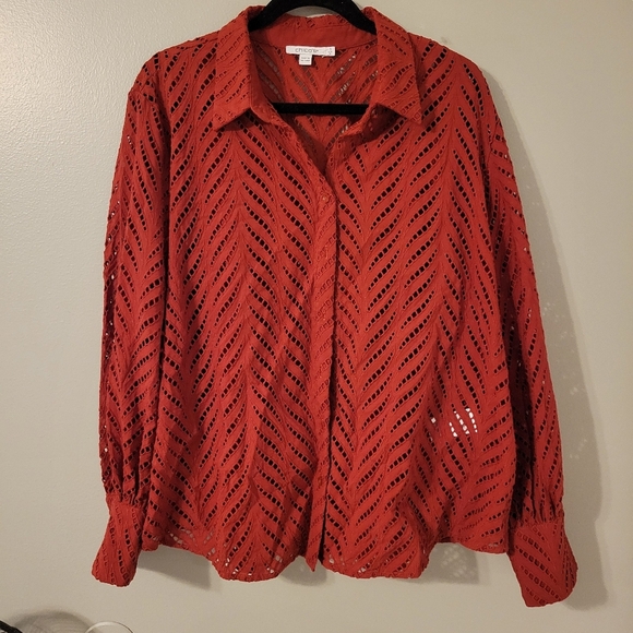 Chico's Womem's Rustic Red Bohemian Poplin Cutwork Button-Up Shirt. Size 3/XL - Picture 5 of 12